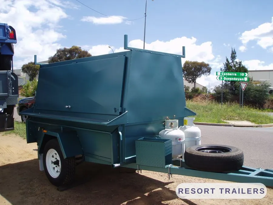 BBQ trailer with the gas bottle and spare wheel on the drawbar — built by Resort Trailers