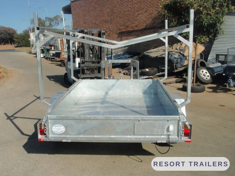 Boat rack frame over a galvanised box trailer, rear view — built by Resort Trailers