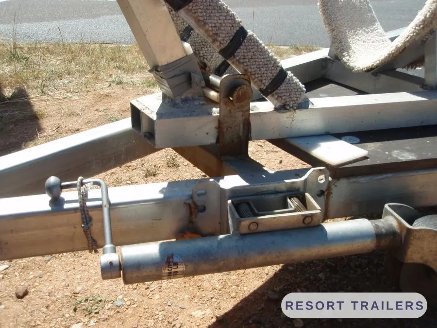 Folding drawbar hinge and lock pin on the alloy boat trailer — built by Resort Trailers