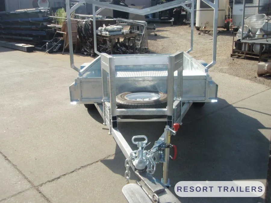 Galvanised box trailer with a tall boat rack — built by Resort Trailers