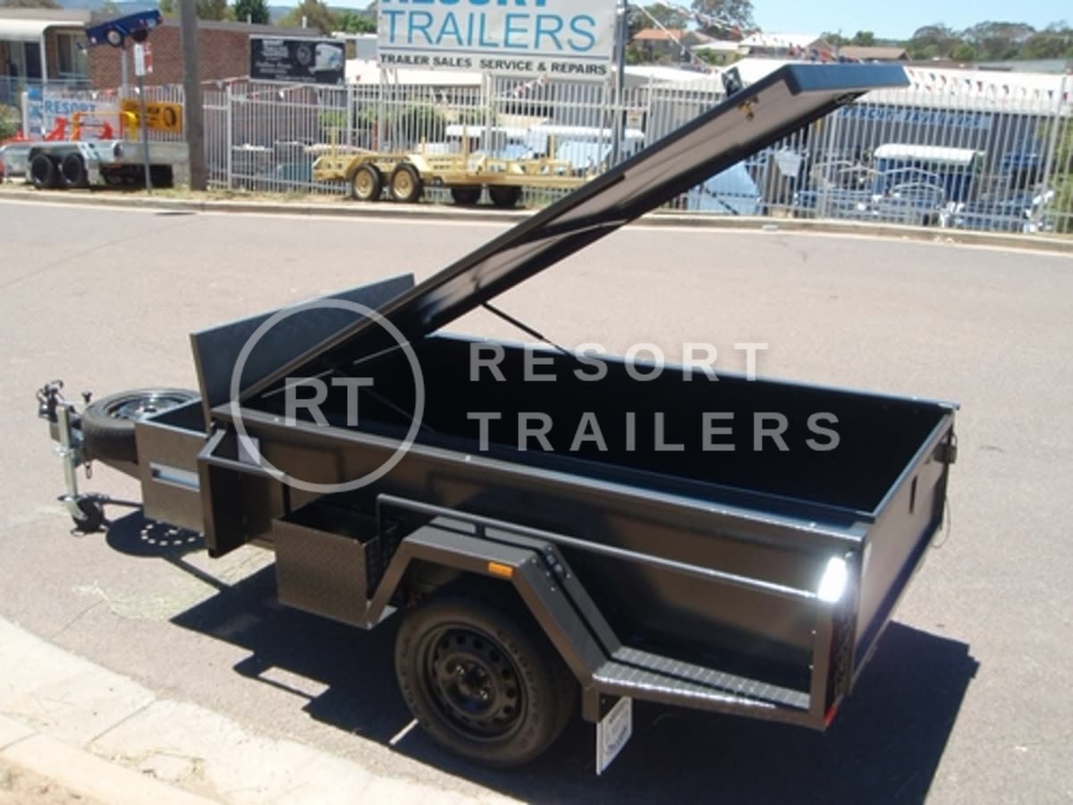 Black custom box trailer with tilting lockable lid — built by Resort Trailers