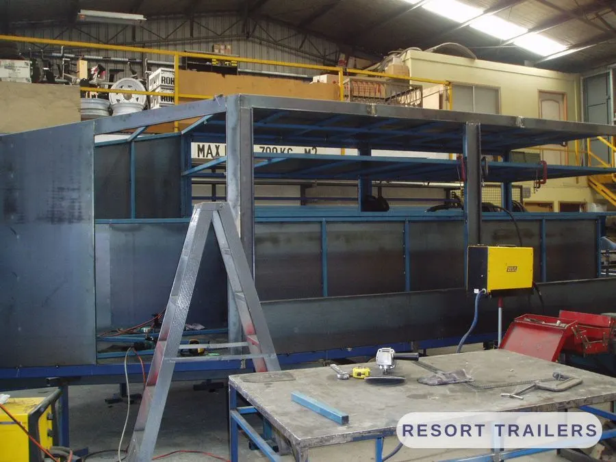 Enclosed trailer frame under fabrication in the workshop — built by Resort Trailers