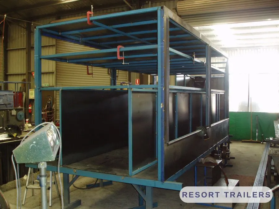Steel frame taking shape before the panels go on — built by Resort Trailers