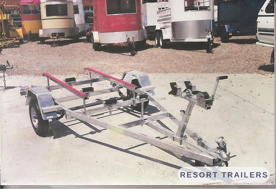 Galvanised jet ski trailer with padded skids — built by Resort Trailers