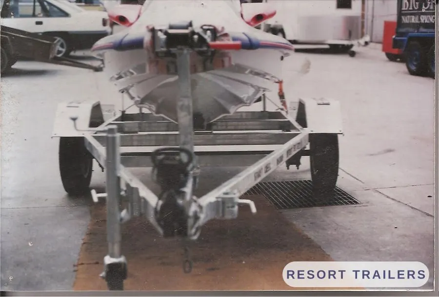 Jet ski loaded on a galvanised trailer, front view — built by Resort Trailers