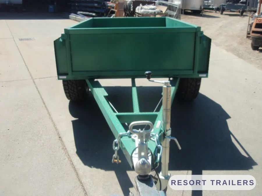 Green off-road trailer with drawbar and jockey wheel, front view — built by Resort Trailers