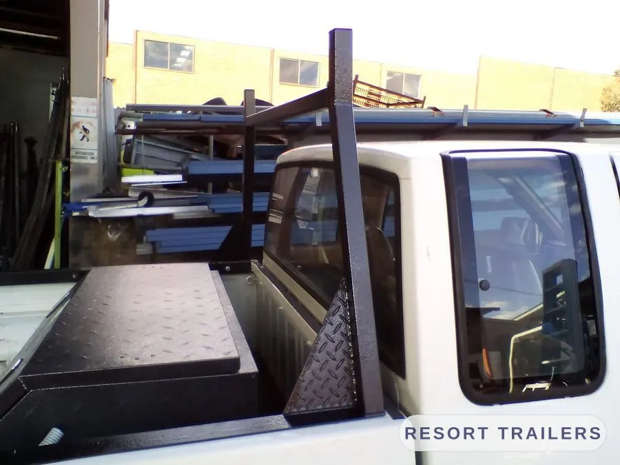 Site box mounted to a truck tray — built by Resort Trailers