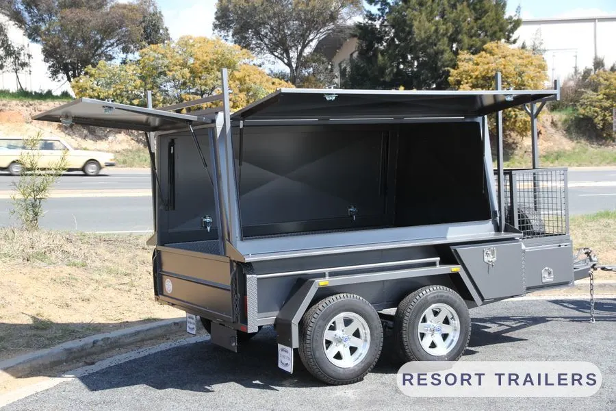 Tandem canopy trailer, rear three-quarter — built by Resort Trailers