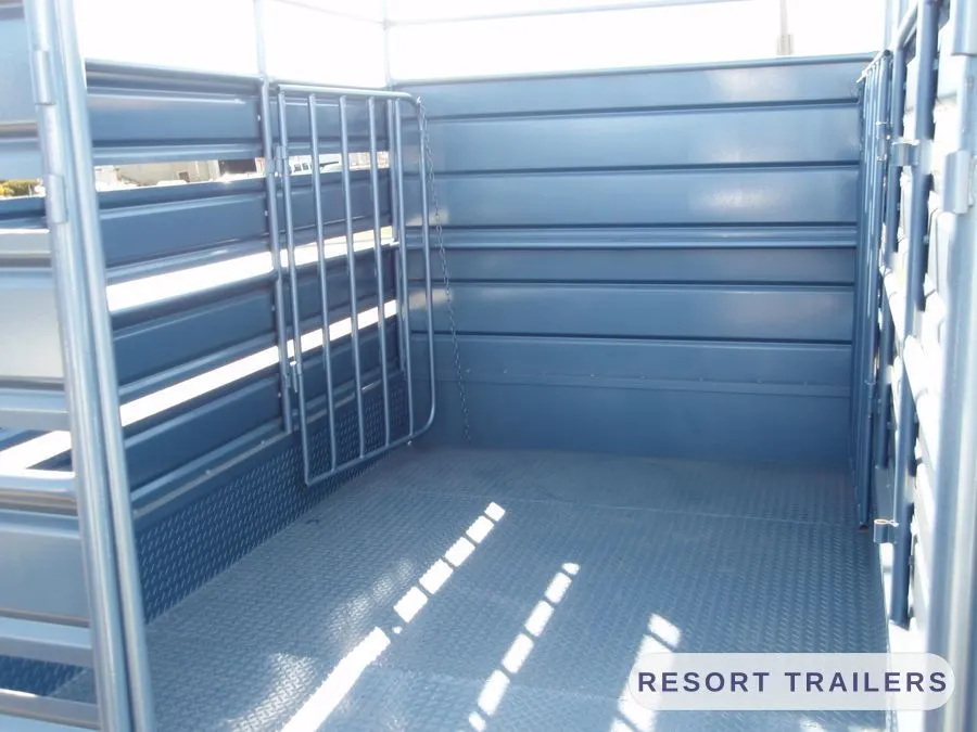 Inside a stock crate, looking forward — built by Resort Trailers