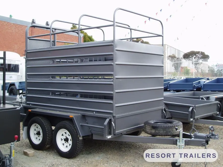 Stock crate three-quarter, showing the top rails — built by Resort Trailers