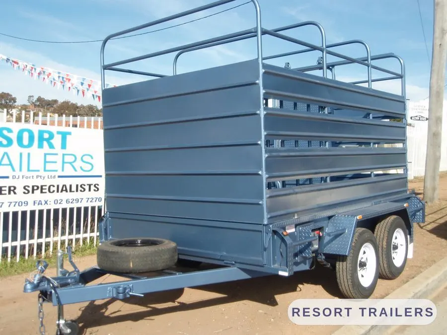 Stock crate with the spare wheel on the drawbar — built by Resort Trailers