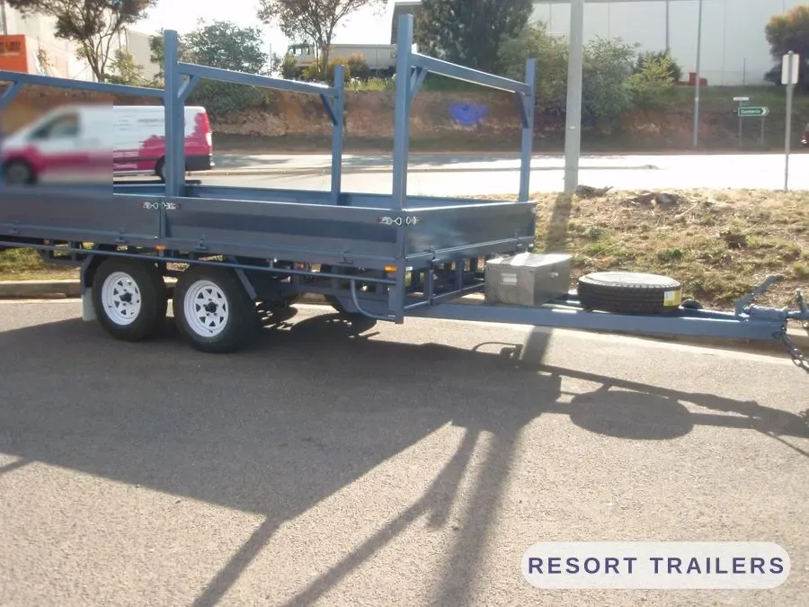 Load racks fitted to a tandem table top — built by Resort Trailers