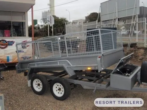 Galvanised dual-axle tipping trailer with mesh cage — built by Resort Trailers