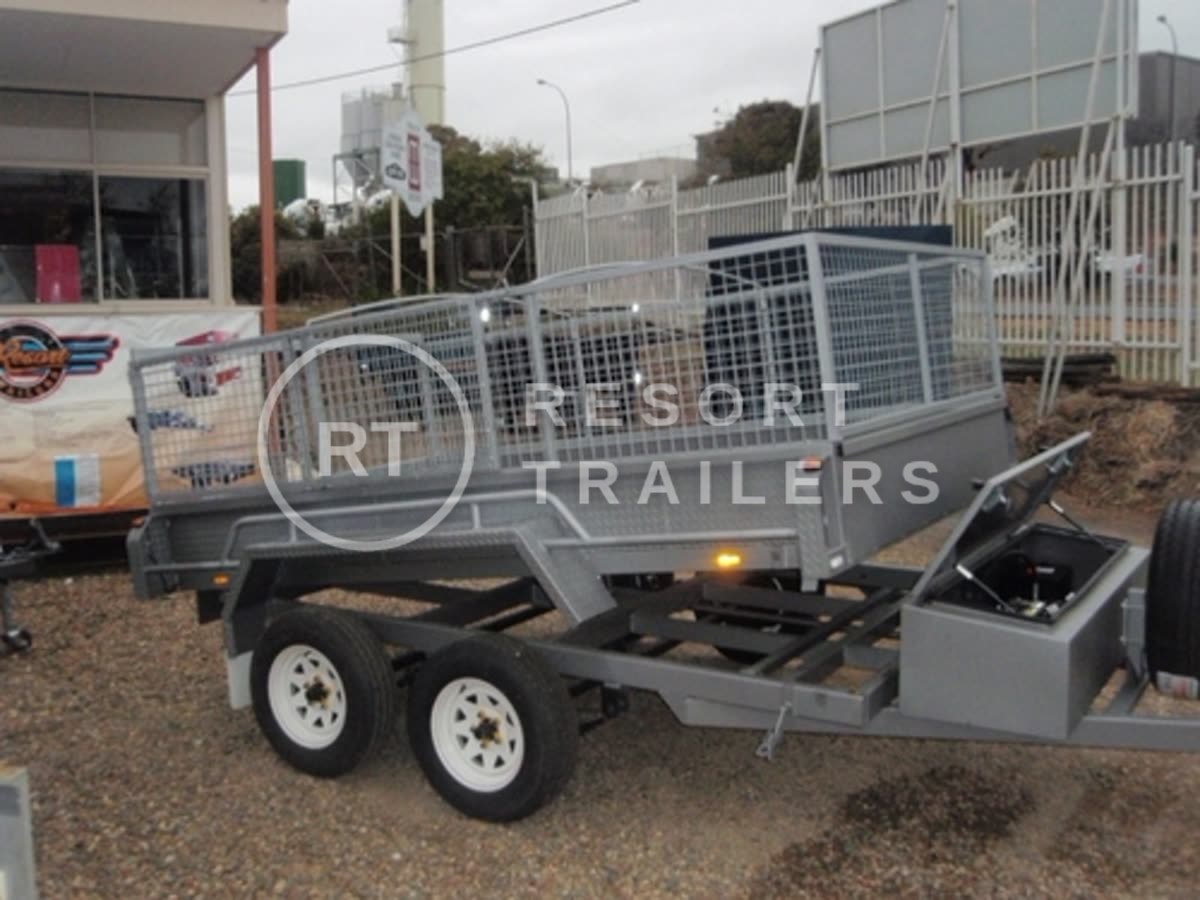Dual axle tipping trailer with cage attachment and site box — built by Resort Trailers