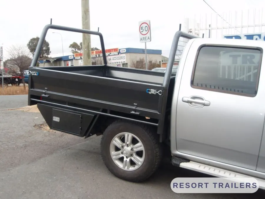Dual cab ute tray with a full-height headboard — built by Resort Trailers